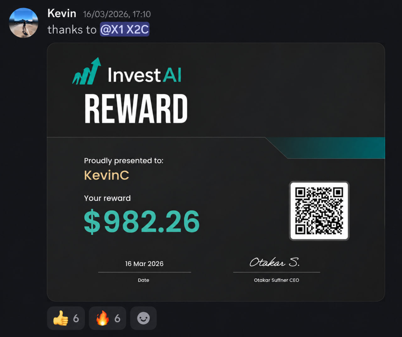 Kevin's verified $982.26 payout from InvestAI