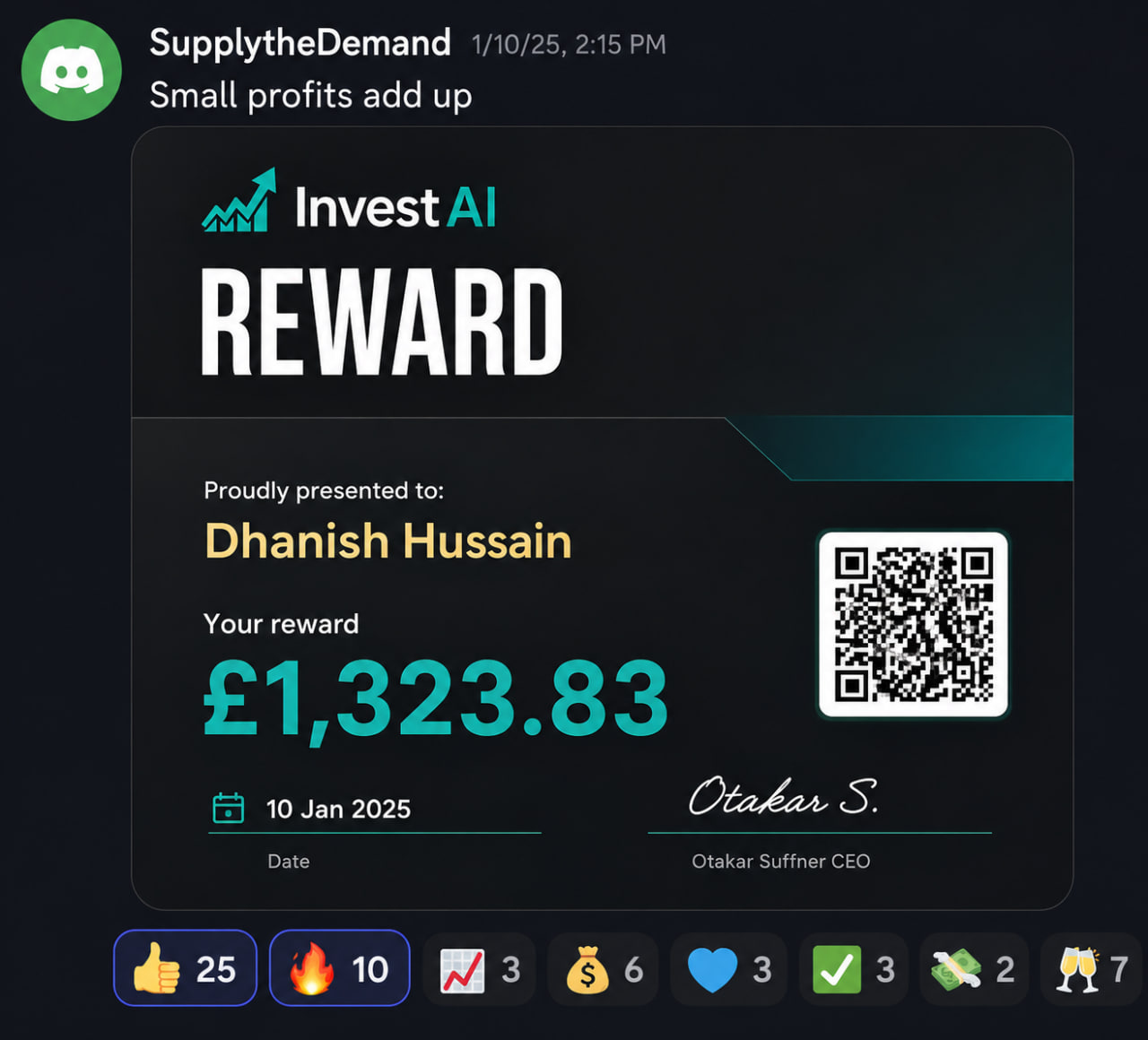 Dhanish Hussain — £1,323.83 reward certificate